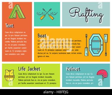 Flat design vector infographics of kayaking, canoe equipment with text and icons, emblems. Cute drawing style for web, mobile app, long shadow. Outdoor adventure and travel theme. Illustration Stock Vector