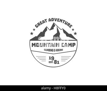 Vintage mountain trekking, climbing hiking camping badge, outdoor logo, emblem and label concept for web, print. Retro stylish round monochrome design. Easy to change color. Vector illustration Stock Vector