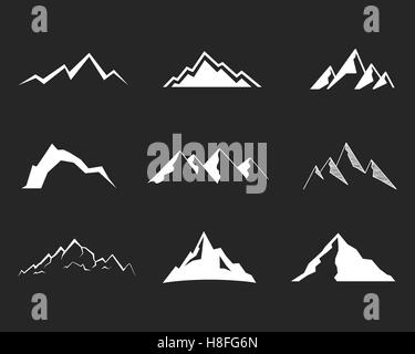 Set of mountain silhouette elements. Outdoor icon. Hand drawn snow ice mountain tops, decorative symbols isolated. Use them for camping logo, travel labels, climbing or hiking badges. Vector. Stock Vector