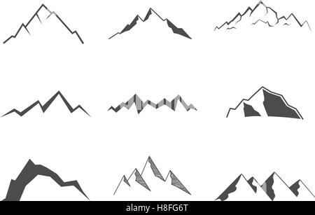 Set of mountain elements. Outdoor icon. Hand drawn snow ice mountain tops, decorative symbols isolated. Use them for camping logo, travel labels, climbing or hiking badges. Vector illustration. Stock Vector