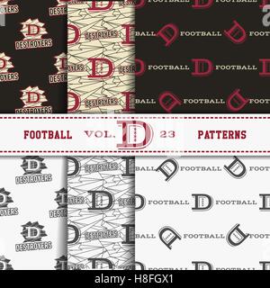 Set of american football patterns. Usa sports seamless background collection. Sport wallpaper with logo in monochrome and color design. Vector soccer equipment graphic. Sketch, hand drawn style Stock Vector