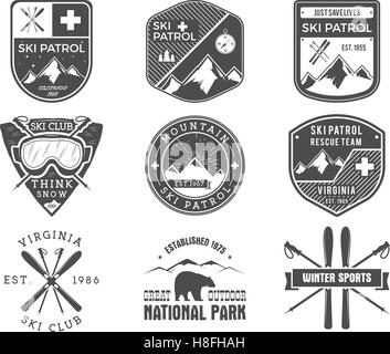 Set of Ski Club, Patrol Labels. Vintage Mountain winter sports explorer badges. Outdoor adventure logo design. Travel hand drawn and hipster monochrome insignia Snowboard icon symbol Wilderness Vector Stock Vector