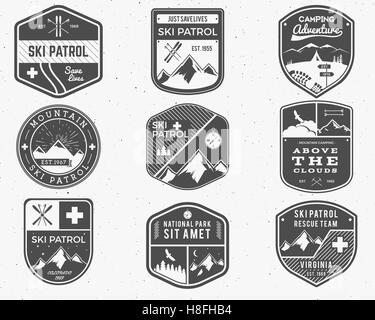 Set of Ski Club, Patrol Labels. Vintage Mountain winter camp explorer badges. Outdoor adventure logo design. Travel hand drawn and hipster monochrome insignia. Snowboard icon symbol. Wilderness Vector Stock Vector