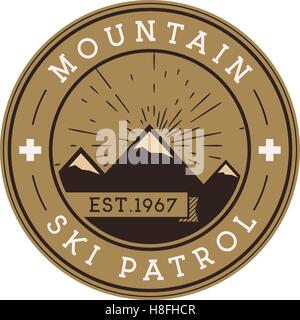 Ski Patrol Round Label. Vintage Mountain winter sports explorer badge. Outdoor adventure logo design Travel hand drawn and hipster color insignia First aid icon symbol Nice pallette Wilderness Vector Stock Vector