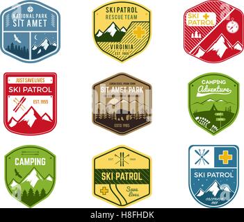 Set of Ski Club, Patrol Labels. Vintage Mountain winter camping explorer badges. Outdoor adventure logo design. Travel hand drawn and hipster color insignia. Snowboard icon symbol. Wilderness. Vector. Stock Vector