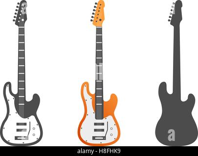 Electric guitars icons set. Musical instrument symbols vector illustration. Isolated on white background. Music elements, concert equipment. Sound label or badge. Color, grey, silhouette templates Stock Vector