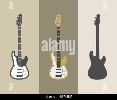 Electric guitar vector icons set. Guitar isolated icons vector illustration. Guitars isolated on white background. Music, concert, sound, fun, guitars. Vector guitars. Color, grey, silhouette guitars. Stock Vector