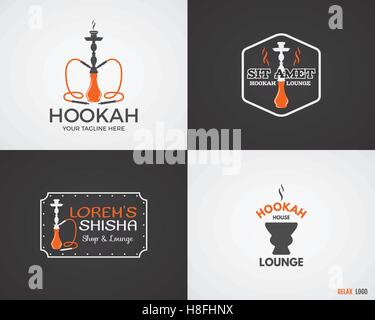 Set of Hookah relax labels, badges and design elements in 2 color variations. Vintage shisha logo. Lounge cafe emblem.  Arabian bar or house, shop insignia. Trendy palette. Isolated vector. Stock Vector