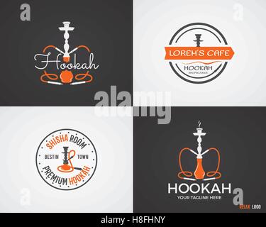 Set of Hookah relax labels, badges and design elements in 2 color variations. Vintage shisha logo. Lounge cafe emblem.  Arabian bar or house, shop insignia. Isolated vector illustration Stock Vector