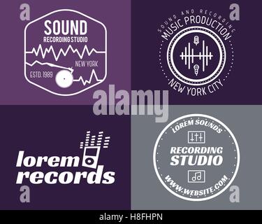 Vector music production studio logos set. Musical label icons. Music insignia and emblems print or logotype. Guitars badge for sound recording studio t-shirt, sound production. Podcast, radio badges. Stock Vector