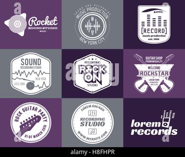 Set of vector music production logo. Musical label icons. Music patch and emblem print or logotype Guitars badge for sound recording studio t shirt, sound production Podcast, radio badges. Music icon. Stock Vector