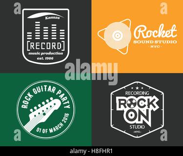 Vector music production studio logos set. Musical label icons. Music insignia and emblems print or logotype. Guitars badge for sound recording studio t shirt, sound production. Podcast, radio badges. Stock Vector