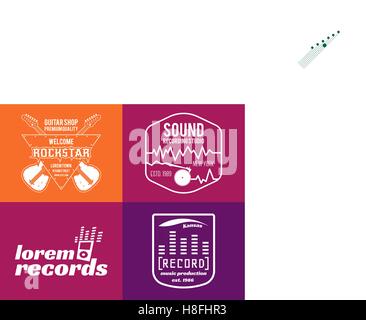 Vector music production logos set Musical label icons. Music insignia and emblem print or logotype Guitars badge for sound recording studio t shirt, sound production Podcast, radio badges. Music icon Stock Vector