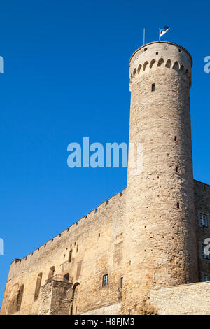 Pikk Hermann or Tall Hermann tower of the Toompea Castle, in old Tallinn, the capital of Estonia. The first part was built 1360- Stock Photo