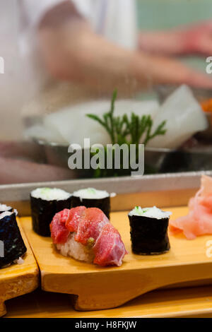 TOKYO, JAPAN Fresh sushi in a sushi bar at the Tsukiji fish market Stock Photo