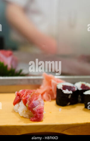 TOKYO, JAPAN Fresh sushi in a sushi bar at the Tsukiji fish market Stock Photo