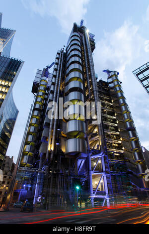 The Lloyd's building in Lime Street London designed by architect Richard Rogers photographed at dusk