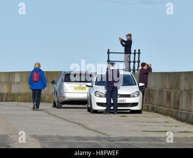 A traffic warden taking details of a parked car in Scarborough harbour North Yorkshire England UK Stock Photo