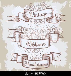 Old hand drawn banner to scrapbook or design in vector.Collection of vintage ribbons and place for text. Sketch decorative eleme Stock Vector