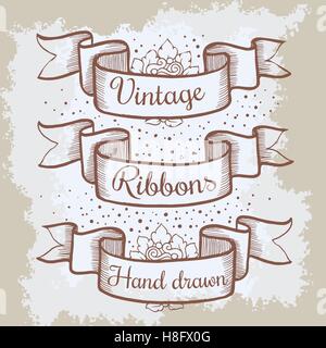 Old hand drawn banner to scrapbook or design in vector.Collection of vintage ribbons and place for text. Sketch decorative eleme Stock Vector