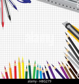 Back to school, school, pen, ruler, back, vector, white background, color, education, template, text, illustration, elementary Stock Vector