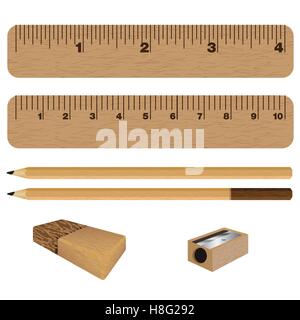 sharpener, pencil, eraser, ruler, scale, school, centimeter, education, equipment, illustration, inch, instrument, isolated Stock Vector