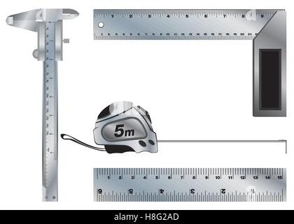 Angle, Vernier, caliper, Ruler, Tape, measure, tool, isolated, vector, scale, meter, object, technology, metal, equipment, steel Stock Vector