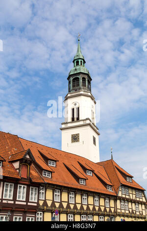 Celle, Germany - April 19, 2014: The tower of the church and half-timbered houses in the city center Stock Photo