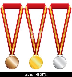 medal, gold, silver, bronze, illustration, isolated, icon, first, vector, metal, ribbon, sport, white background, place Stock Vector