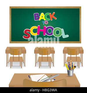 Welcome back to school, table, back to school, chalkboard, wall, chair, indoor, elementary, drawing, picture, isolated, board Stock Vector