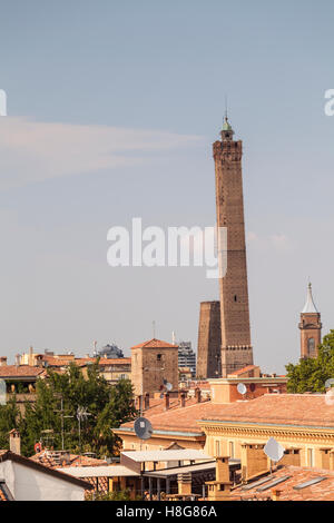 The Asinelli and Garisenda towers in Bologna. They are found in the historic centre of the city which has been designated a Worl Stock Photo