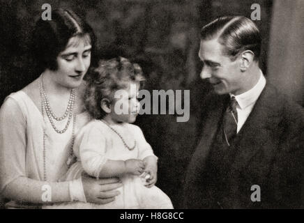 The Duke and Duchess of York with their daughter Princess Elizabeth immediately after their return from Australia in 1927.  Albert Frederick Arthur George, future George VI, 1895 – 1952. King of the United Kingdom and the Dominions of the British Commonwealth. Elizabeth Angela Marguerite Bowes-Lyon, 1900 –2002.   Future Queen Elizabeth, The Queen Mother.  Wife of King George VI and the mother of Queen Elizabeth II.  Princess Elizabeth Alexandra Mary, 1926 - 2022.  Future Queen Elizabeth II of the United Kingdom, Canada, Australia and New Zealand. Stock Photo