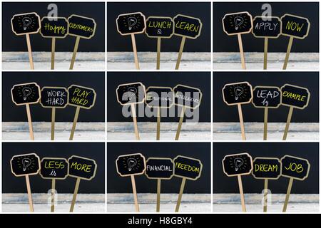 Photo collage of concept messages written with chalk on wooden mini blackboard labels and light bulb as symbol for idea Stock Photo