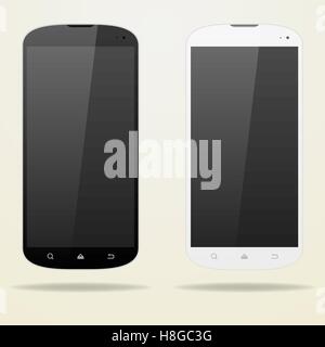 Two empty smartphone. White and black. Buttons, camera, touch screen Stock Vector