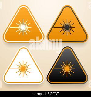 Set of triangular signs of danger of white, black and orange color. Laser warning sign Stock Vector