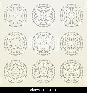 Set of icons of a car rims. Thin line style Stock Vector