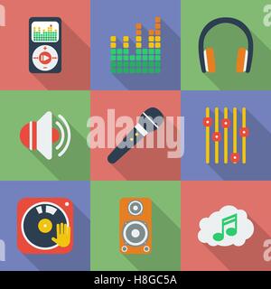 Set of icons of Music theme. Modern flat style with a long shadow. Stock Vector