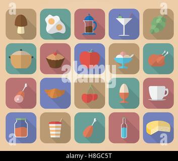 Set of food and drinks icons. Modern flat style with a long shadow. Stock Vector