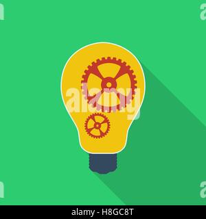 Idea icon. Bulb with gears. Modern Flat style with a long shadow Stock Vector