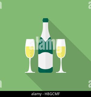 Bottle champagne and glasses of champagne. Flat style icon Stock Vector