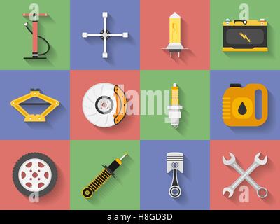 Icon set of Car repair parts, car service. Flat style Stock Vector
