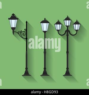 Icon set of three streetlights or lanterns. Flat style Stock Vector