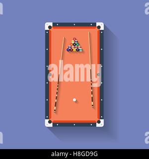 Icon of poll or billiard table with cues and balls. Flat style Stock Vector