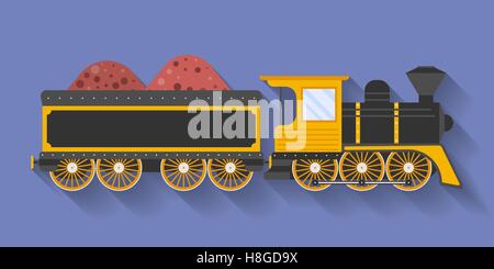 Icon of Steam Locomotive or Puffer with the wagon. Flat style Stock Vector
