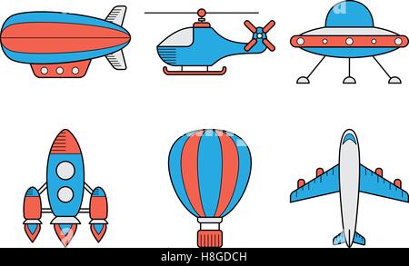 Icon set of aero vehicles. Helicopter plane UFO dirigible aerostat rocket. Line Style Stock Vector