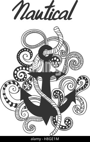 Hand drawn, doodled illustration of anchor, ropes and swirls. Nautical label with anchor Stock Vector