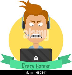 Cartoon Crazy Gamer. Angry man with a laptop or a notebook and a gaming headphone headset. Stock Vector