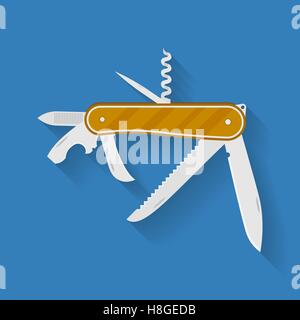 Icon of knife. Multi functional camping and hiking tool. Pocket equipment. Vector illustration Stock Vector