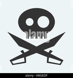 Icon of Jolly Roger symbol. Pirate, filibuster, corsair sign of crossed sabers or swords and skull. Vector emblem Stock Vector