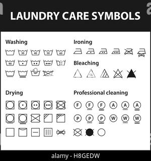 Icon set of laundry symbols. Washing instruction symbols. Cloth, Textile Care signs collection. Vector illustration Stock Vector